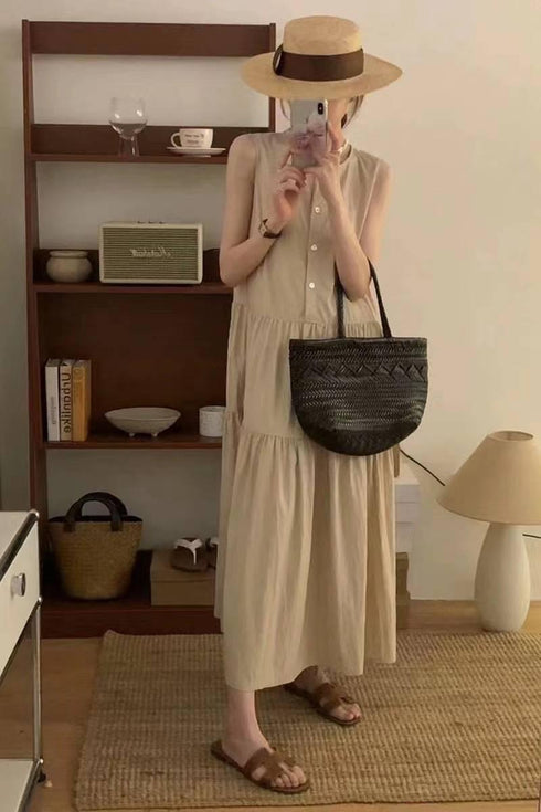 Buttons Up Half Sleeves Tiered Loose Dresses